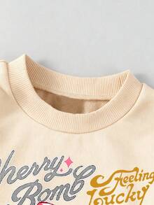 Girls' Simple Fashion Red Bow Cherry Print Apricot Top And Red Pants Sports Set, Autumn/Winter - Apricot - View 4