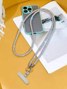 Correa de lujo con strass para teléfono, correa anti-pérdida, cadena de strass completa de moda para mujer, funda de teléfono anti-caída de alta gama con strass, correa cruzada con colgante de strass brillante y clip giratorio de metal - Correa cruzada plateada - Ver 5