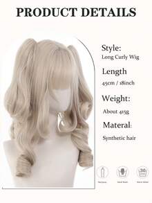 Light Cream Blonde Long Curly Wig With Bangs Detachable Twin Ponytail Synthetic Heat Resistant Wig For Women Lolita Anime Cosplay Halloween Party - Multicolor - View 4