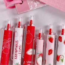 Sweet Strawberry Theme Retractable Neutral Pens, 6 Fresh Fruit Print Pen Barrels, 0.5mm Needle Tip, Quick-Dry Black Ink, Soft Pink Color Scheme, Student Study, Journaling, Girly Style Writing Stationery - Multiple Styles - View 3