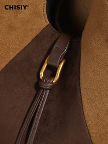 New Vintage Maillard Colorblock Shoulder Bag Large Capacity HOBO Commuter Tote Handbag - Brown - View 5