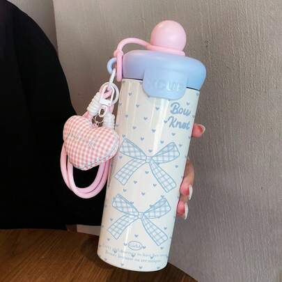 1PC 600ML Heart Bowknot, Creative English, Fashion Star Pattern Stainless Steel Cup, Double Drinking Coffee Cup, Portable Straw Cup, Lanyard Cup, Suitable For Office, Campus, Gift For Holidays/Birthdays, Coffee, Milk, Tea