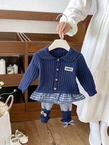 Cardigan Rajut Vertikal Warna Biru Tua untuk Anak Perempuan, Label Renda, Kancing Kayu, Lengan Panjang, Musim Semi/Gugur, Atasan Rajut Manis - Biru - View 1