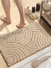 DAJIANG 1pc Flocked Bathroom Mat, Khaki Striped Geometric Pattern, Nordic Minimalist Elegant Style, Thick & Soft, Non-Slip TPR Bottom, Fluffy & Absorbent, Machine Washable, Suitable For Bathroom, Living Room, Kitchen, Bedroom And Holiday Decor - Multicolor - View 2