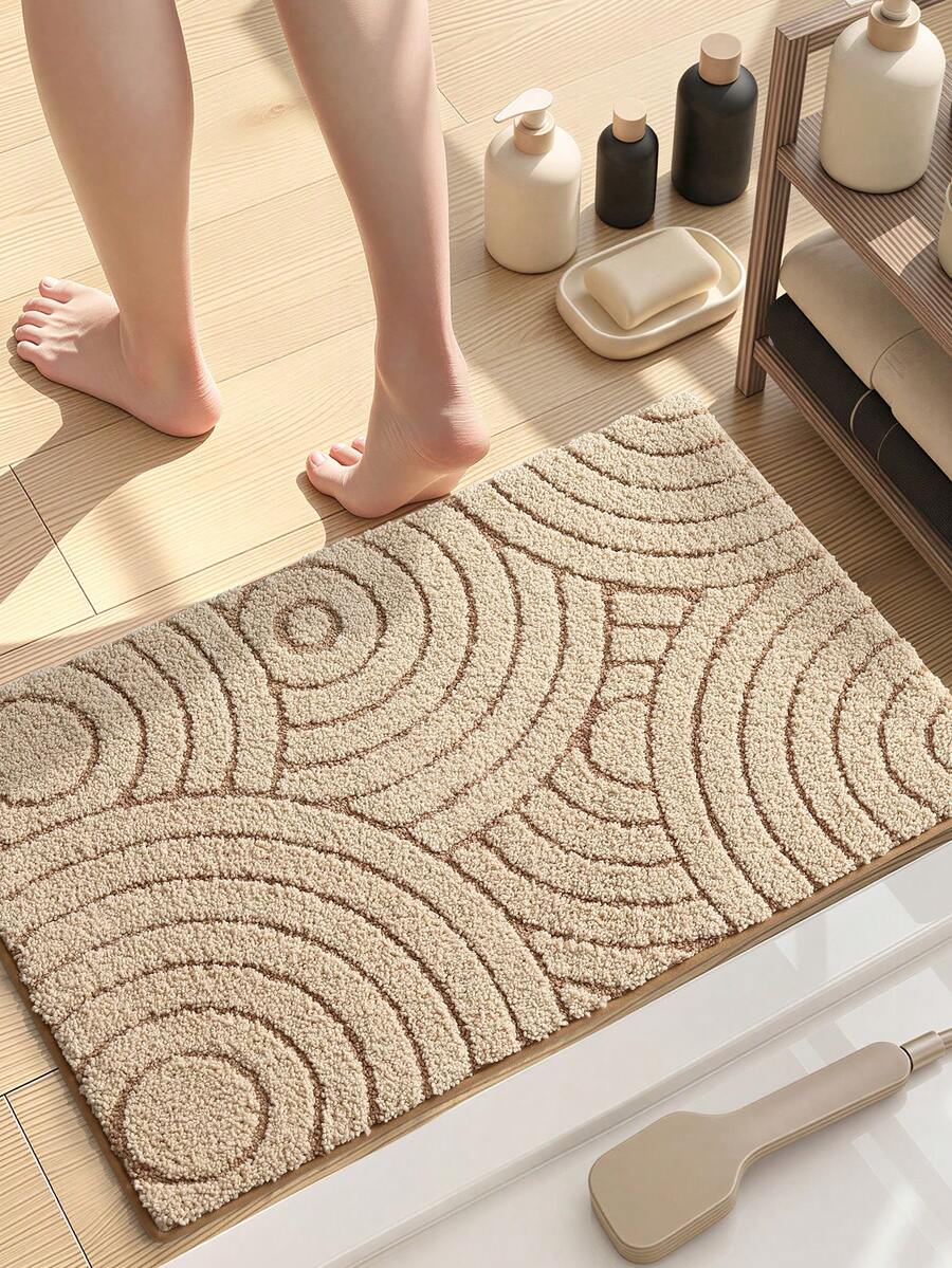 DAJIANG 1pc Flocked Bathroom Mat, Khaki Striped Geometric Pattern, Nordic Minimalist Elegant Style, Thick & Soft, Non-Slip TPR Bottom, Fluffy & Absorbent, Machine Washable, Suitable For Bathroom, Living Room, Kitchen, Bedroom And Holiday Decor