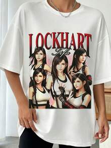 Tifa Lockhart  Multi Pose Pink Lightning Background Game Character Fan Graphic Casual Tee - 白色 - 查看 1