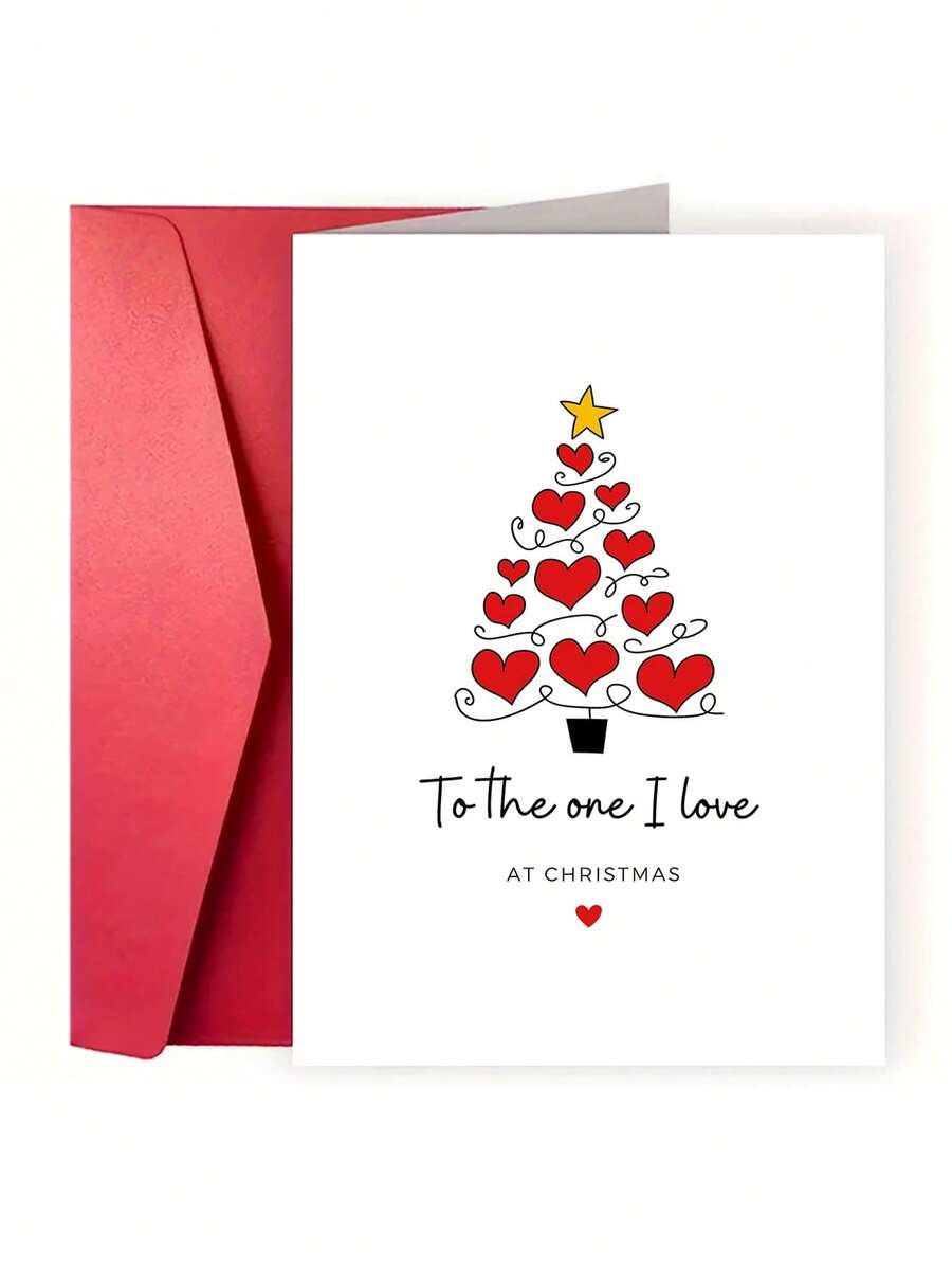1pc Heart Christmas Tree Greeting Card, To The One I Love At Christmas Holiday Card, Christmas Gift For Husband, Wife, Boyfriend, Girlfriend & Couples - Multicolor - View 1