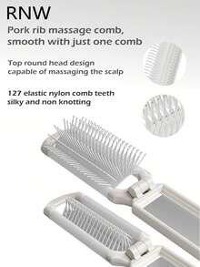 RNW Folding Hair Brush With Mirror, Compact Portable, 180° Foldable, Hair Styling Tool For Travel & Daily Use, 1 Pc,Brand Beauty Cosmetic Makeup - White - View 3