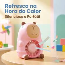 Mini Ventilador Capivara USB Recarregável com Luminária LED Luz Noturna Infantil Presente Decoração - Rosa Bebê - Visão 4