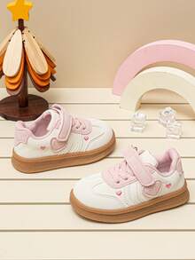 Sweet Little Heart Embroidered Girls' Low-Top Sneakers, Colorblock Soft Sole, Hook & Loop Closure, Casual Daily Commute Shoes For Toddlers - Beige - View 1