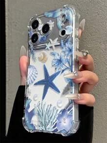 Ocean Blue Starfish Lily Shell Pattern Fresh Summer Transparent Four-Corner Shockproof Phone Case, Airbag Anti-Drop Soft Shell, Compatible With Apple 17 Pro Max/17 Pro/17/16 Pro Max/16 Pro/16/15 Pro Max/15 Pro/15 Plus/15/14 Pro Max/14 Plus/14/13 Pro Max/13 Pro/13 Mini/13/12 Pro Max/12 Pro/12 Mini/12/11/7/8 Beach Vacation Gift Summer Beach Girls Gift - Clear - View 3