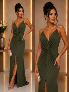 Inexpensive Bridesmaid Dress For Parties, Guests, Receptions, Graduations, Without Glitter, With Thin Rhinestone Straps. - 深橄欖綠 - 查看 3