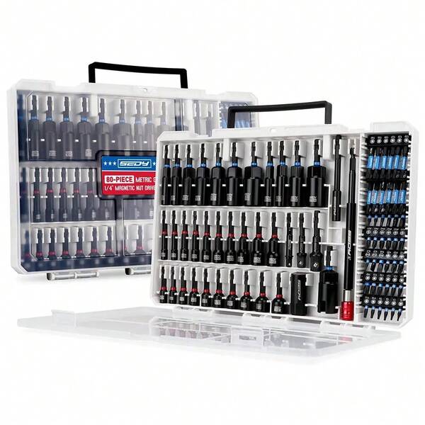 Magnetic Impact Nut Driver Set, Metric And SAE Universal Sockets, Power Bits Toolbox, Socket Adapters, Bit Holder, Wing Nut Driver, Quick Release Extension, Multifunctional Switchable Screwdriver, 80-Piece