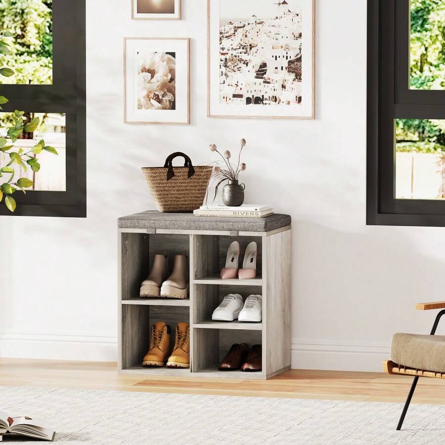 Techigher Shoe Storage Bench With Cushion, Shoe Rack Organiser, Hallway Storage Bench With Padded Seat & Adjustable Shelves, Compact Shoe Cabinet For Entryway, Bedroom, Living Room - Grey 51*30.5*53 - View 1