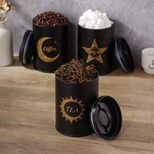 Vintage Golden Sun Moon Star Printed Metal Storage Canisters, 3 Pieces Airtight Tea Coffee Sugar Jars, Decorative Kitchen Pantry Food Storage Containers For Countertop - Black - View 6