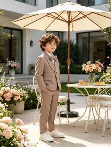 Tween Boys Handsome Fashion Striped Gentleman Suit Set, 1 Blazer + 1 Pants + 1 Bow Tie, Suitable For Wedding, Page Boy, Performance, Christmas Party, Banquet And Other Formal Occasions - Khaki - View 5