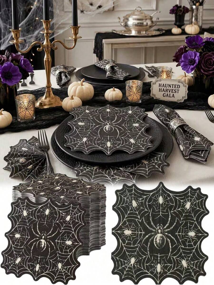 16pcs/Pack Black Spider Web Design Disposable Napkins, Suitable For Halloween, Horror Theme Party, Haunted House Event, Halloween Family Gathering Table Decor And Halloween Birthday Party Decoration - Multicolor - View 1