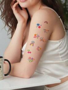 1pc Washable Ins Style Niche Healing Tattoo Sticker, Scattered Small Flowers + Planets, Waterproof Non-Fading Forest Fresh Upper Arm Realistic Tattoo Sticker For Girls - Multicolor - View 2