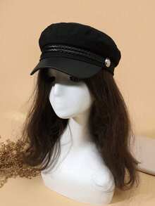 1pc Solid Color Minimalist Newsboy Cap With Leather Strap And Button, Japanese Style Sailor Beret Hat, Women's Outdoor - Black - View 1
