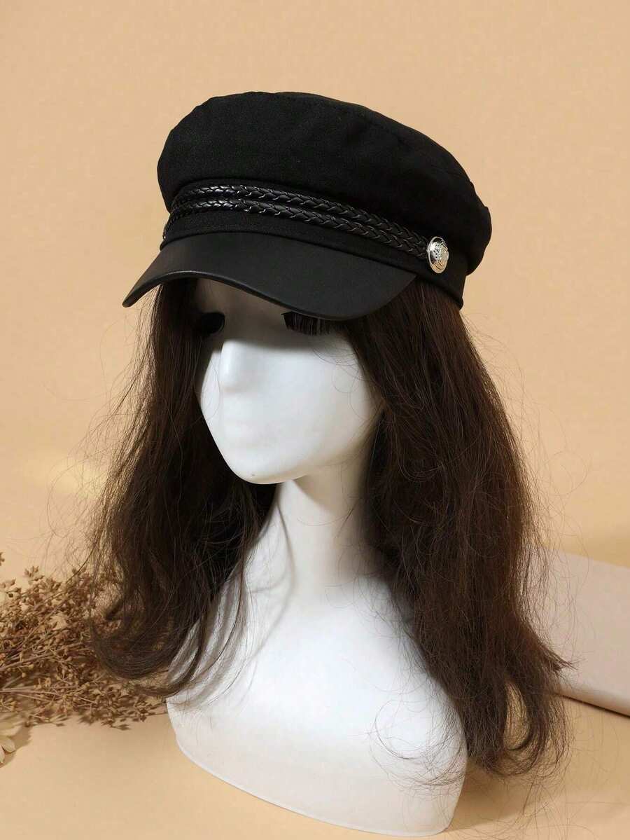 1pc Solid Color Minimalist Newsboy Cap With Leather Strap And Button, Japanese Style Sailor Beret Hat, Women's Outdoor - Black - View 1