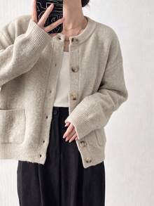 Cardigan Pendek Rajut Nyaman untuk Wanita, Kancing Depan, Sweater Lengan Panjang Kerah Bulat, Cocok untuk Pakaian Musim Gugur/Musim Dingin - Aprikot - View 5