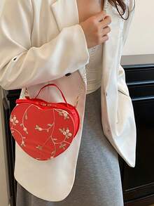 蕾絲心形小包，刺繡斜挎單肩手提包，優雅女孩迷你托特包 - 紅色 - 查看 4