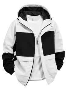 Women's Black & White Colorblock Hooded Jacket, Outdoor Casual Hiking Coat - White - View 3