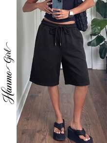 Women's Bermuda Sweat Shorts, Drawstring High Waist Loose Fit Knee Length Shorts, Casual Fall Style, Fall Clothes For Women - Black - View 2