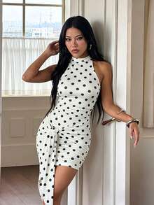1件波點掛脖綁帶洋裝 女款 優雅度假風 - 杏色 - 查看 3