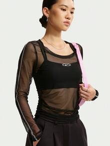 Nike Women's AS W NK STREET Sheer Long Sleeve Knit Collarless T-Shirt TIM8406-010 - Black - View 3