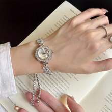 1pc Women's Bracelet Watch, Luxury Round Dial, Inlaid With Diamonds And Crystals, Water Ripple Design, Alloy Quartz Watch, Gift For Girlfriend - Silver - View 4