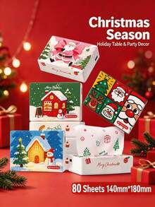 80Pcs/Pack Christmas Printed Facial Tissues, 4 Cute Xmas Patterns Disposable Paper Napkins, 4-Ply Holiday Decor Tissues, Santa Snowman Christmas Tree Print Tissue, Disposable Hand Towels For Home Dinner Party Decor Xmas Gift - Multiple Styles - View 2