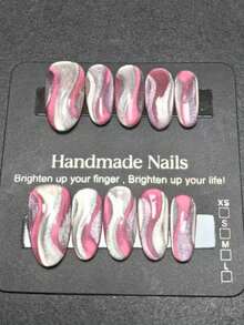 10 piezas de uñas postizas ovaladas hechas a mano, rosa y plata, con remolino de mármol, efecto ojo de gato, degradado brillante, reutilizables, para manicura de verano, vacaciones, viajes, regreso a clases, fiesta de Halloween, playa y campus, para mujeres, niñas y estudiantes - Multicolor - Ver 1