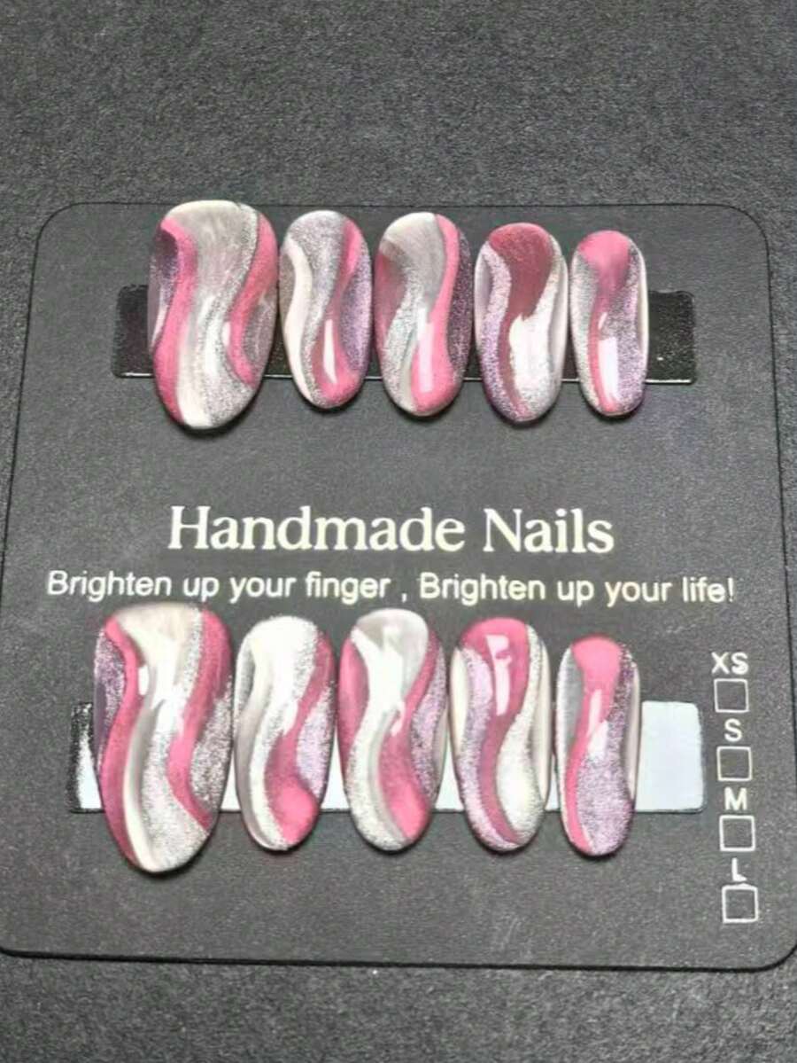 10 piezas de uñas postizas ovaladas hechas a mano, rosa y plata, con remolino de mármol, efecto ojo de gato, degradado brillante, reutilizables, para manicura de verano, vacaciones, viajes, regreso a clases, fiesta de Halloween, playa y campus, para mujeres, niñas y estudiantes - Multicolor - Ver 1