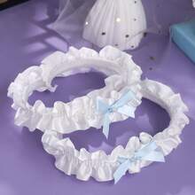 2pcs Smooth Ruffle Bride Leg Garters With Elastic Design And Small Bowknot Decoration, Suitable For Wedding Registration And Photography Outfit Accessory - Blue and White - View 3