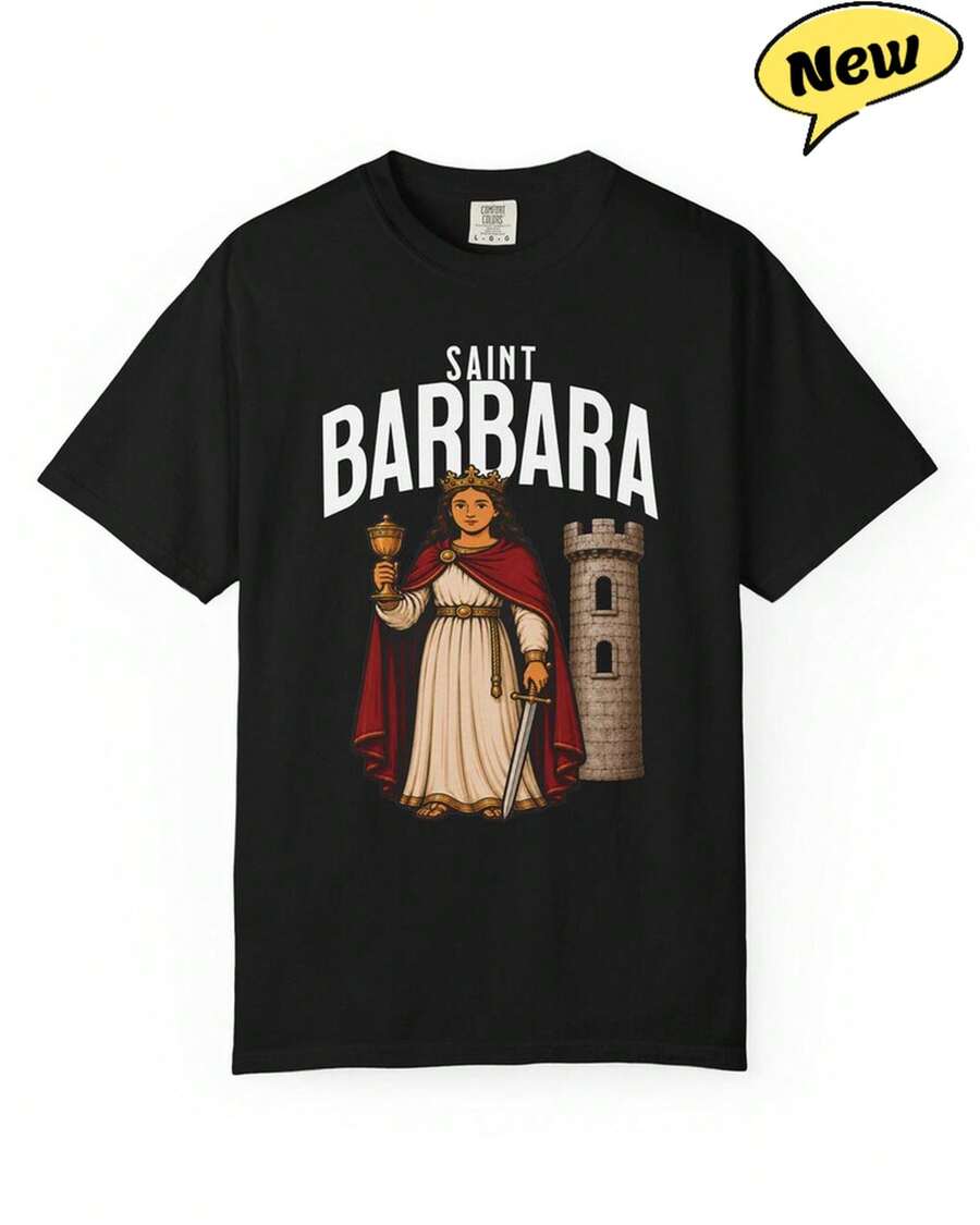 Saint Barbara Devout Saint T-Shirt, Beautiful Summer Tops, Unisex - 黑色 - 查看 1