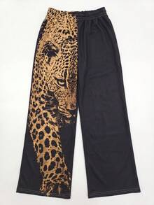 1pc Women's Black Leopard Face Print Wide Leg Sweatpants, Elastic Drawstring Waist Loose Street Casual Long Pants With Pockets - Black - View 3