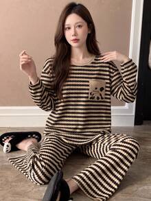 春夏季2件組女童條紋長袖睡衣套裝，韓風胸前口袋長褲居家服套裝 - 杏色 - 查看 2