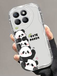1pc Cream Clear Wavy Edge Stacked Cute Panda Print Phone Case, Soft Transparent TPU Shockproof Protective Cover, Cartoon "Cute Panda" Pattern Phone Case Compatible With Samsung, Series Phones - Clear - View 1