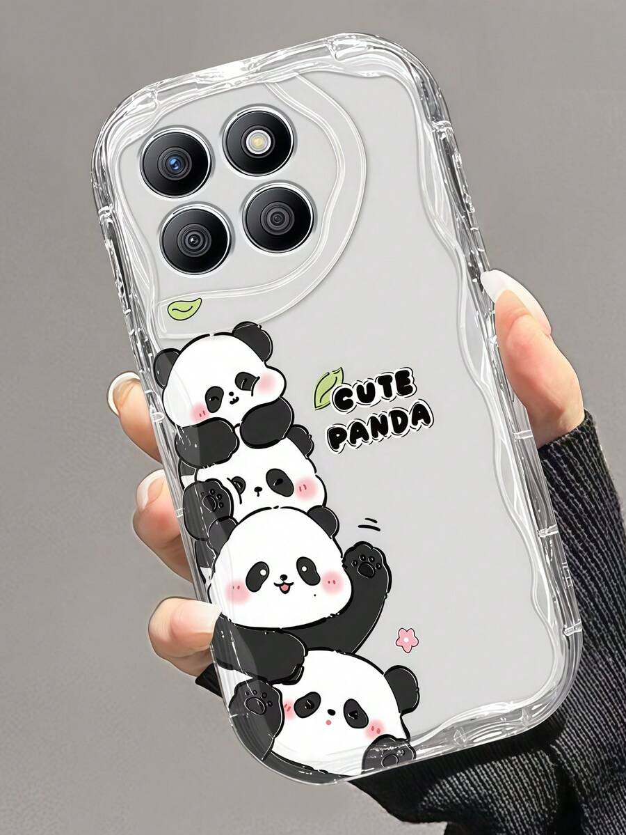 1pc Cream Clear Wavy Edge Stacked Cute Panda Print Phone Case, Soft Transparent TPU Shockproof Protective Cover, Cartoon "Cute Panda" Pattern Phone Case Compatible With Samsung, Series Phones - Clear - View 1