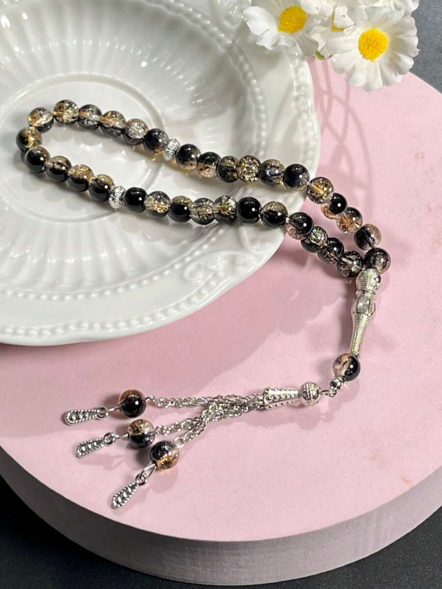 1pc 33-Bead Artificial Crystal Muslim Prayer Beads, Vintage Carved Silver Tube Chain Tassel Tasbih, Luxury High-End Islamic Prayer And Recitation Beads - Multicolor - View 1