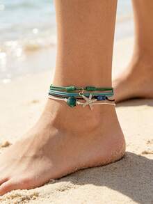 4pcs Summer Personalized Contrast Color Rope Starfish Shell Fish Pendant Braided Layered Anklets, Suitable For Girls Daily Casual Wear, Beach Seaside Vacation Matching - Multicolor - View 6