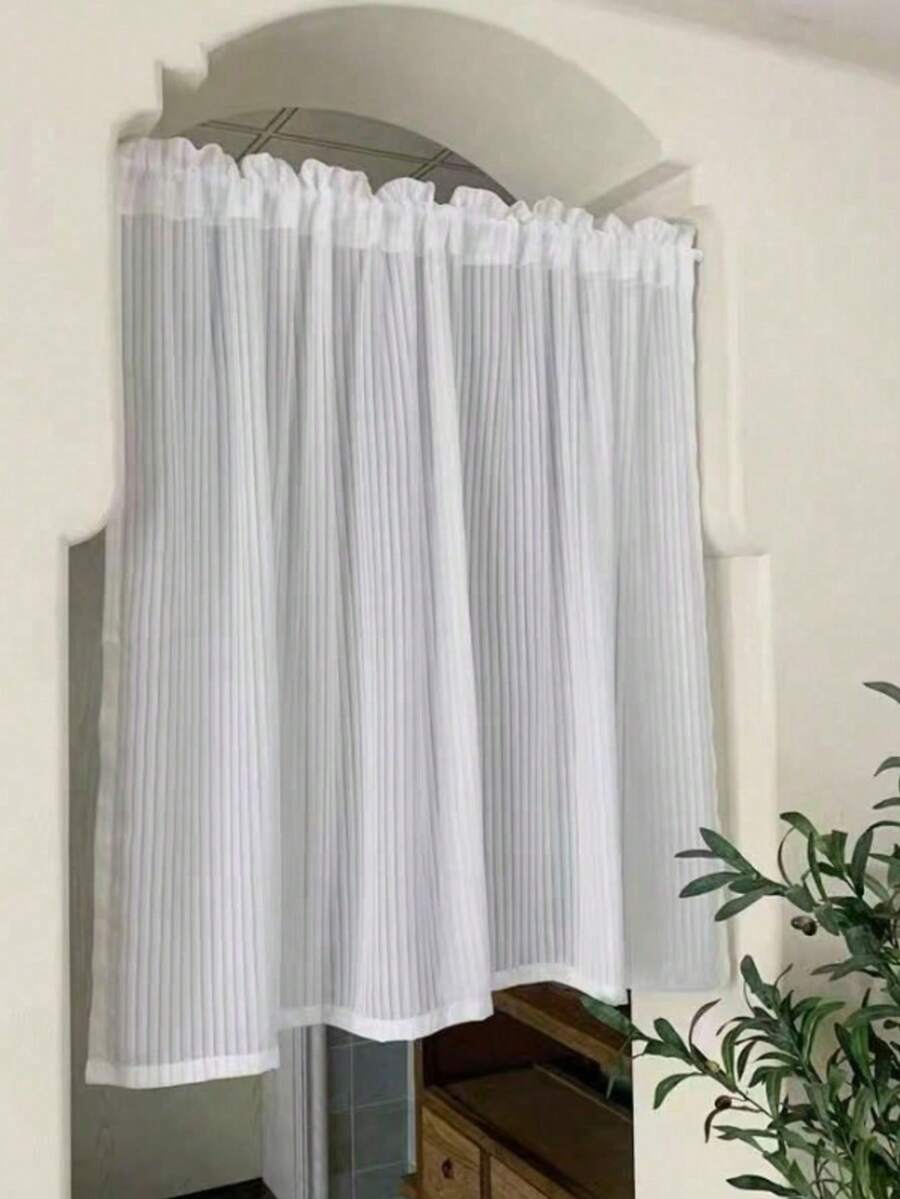 1pc Korean Style Pure White Vertical Texture Semi-Sheer Curtain Valance, Bedroom Entryway Arch Window Decorative Concealment Curtain - 1PC - View 1