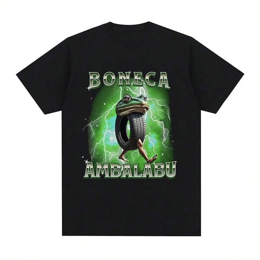 Funny Ambalabu T-Shirt With Italian Frog Meme 'Brainrot' Pattern For Men, Fashion Clothing, Unisex Humorous T-Shirts, Cotton Summer T-Shirts. - Black - View 1