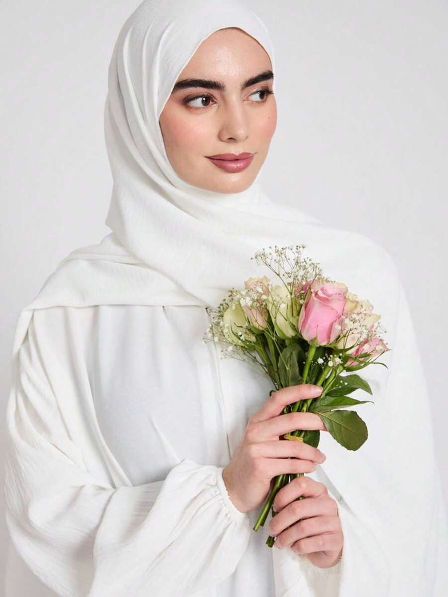 1pc Soft Draping Solid Color Hijab, Headscarf, Elegant Casual Knit Jersey Hijabs Scarf,Versatile All-Match Style For Daily Commute, - White - View 1