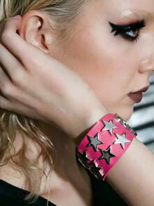 1pc Y2K Millennium Style PU Leather Wide Bracelet, Zinc Alloy 3D Pentagram Rivet Belt Buckle Wristband, Sweet Cool Punk Hip-Hop Multi-Color Versatile Adjustable Wrist Accessory - Star Bracelet - View 1