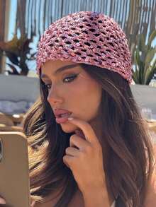 1pc Women's Y2K Cute Casual Fashion Contrast Color Sequin Hollow Breathable Handmade Knitted Hat, Suitable For Outings, Photo Decoration, Music Festivals, Holidays And Other Occasions. - A - View 1