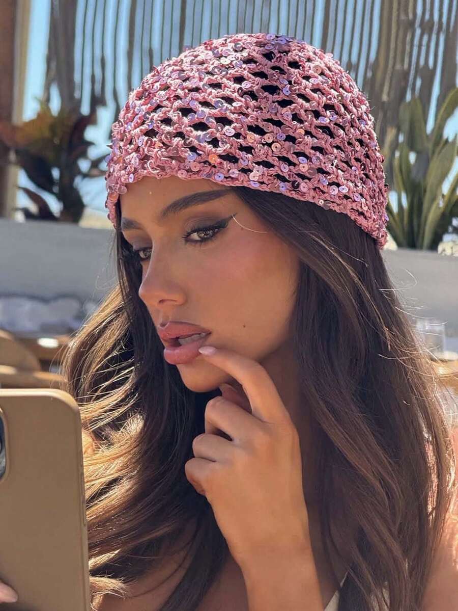 1pc Women's Y2K Cute Casual Fashion Contrast Color Sequin Hollow Breathable Handmade Knitted Hat, Suitable For Outings, Photo Decoration, Music Festivals, Holidays And Other Occasions. - A - View 1