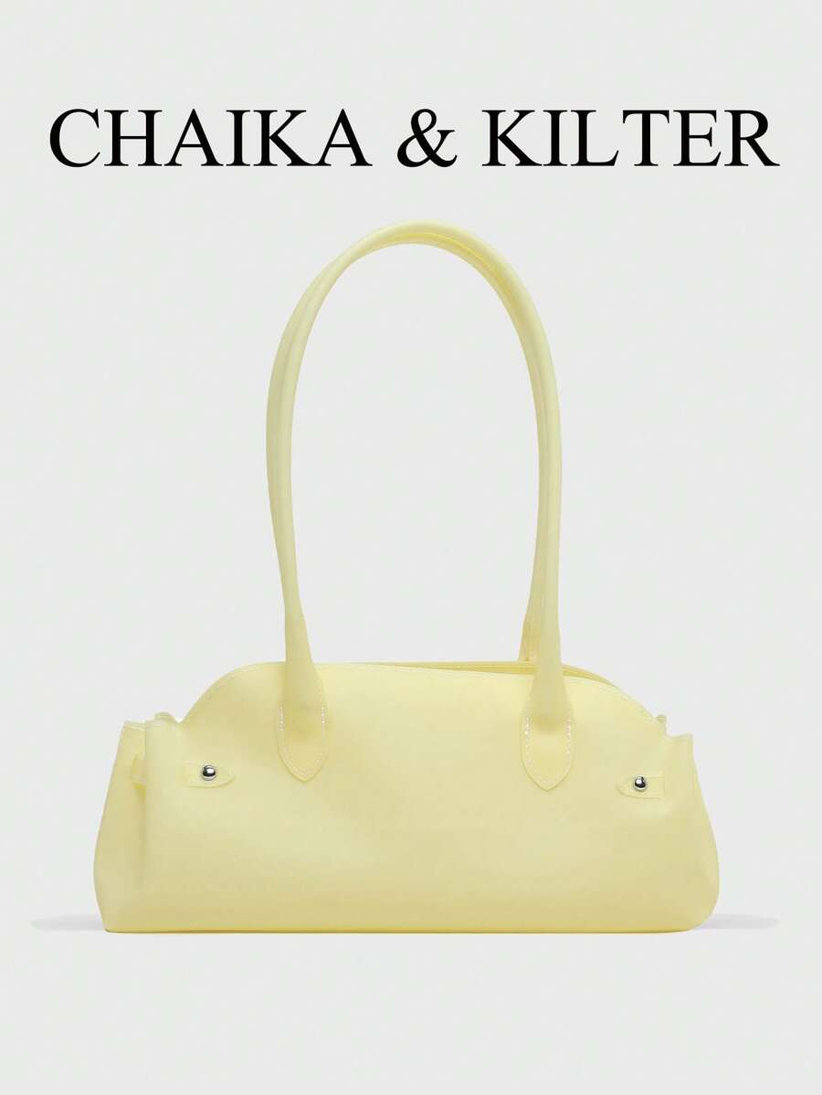 CHAIKA & KILTER 1pc Solid Color PVC Fabric Shoulder Bag Women's Fashion Bowling Bag Jelly Bag Double Handle Design Zipper Closure Suitable For Daily And Outing Use