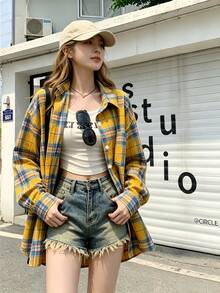 YUXIN American Vintage Niche Design Long Sleeve Plaid Shirt For Women / Spring & Autumn New Loose Casual Commuter Blouse / Suitable For All Seasons - Orange - View 4